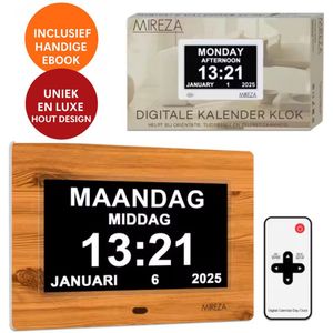 Mireza® Digitale Dementieklok Hout - Kalenderklok voor ouderen - 7 inch - 18cm - Alzheimerklok - Seniorenklok - Slechtziendenklok - Alarmfuncties