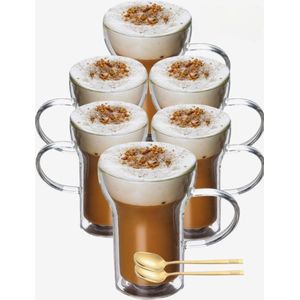 Dubbelwandige Koffieglazen Met Oor - Set van 6 - 400 ML - Gratis 6x Lepels - Latte Macchiato Glazen - Dubbelwandige Theeglazen - Cappuccino Glazen - Koffieglazen