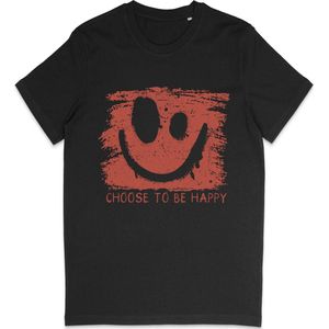 T Shirt Heren en Dames (Unisex) Be Happy Smiley Rode Grunge Print Opdruk - Zwart - Maat S