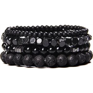 Malinsi® Armband Heren en Dames - Onyx en Lava Stone Natuursteen Set van 4 Zwart - Mannen en Vrouwen Kralen Armbandje - Vaderdag Cadeau