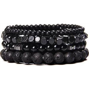 Malinsi Armband Heren en Dames - Onyx en Lava Stone Natuursteen Set van 4 Zwart - Mannen en Vrouwen Kralen Armbandje