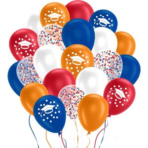 Geslaagd Versiering Ballonnen Pakket 48 stuks Rood, Wit, Blauw & Oranje met Lint – Geslaagd Versiering – Afgestudeerd -Papieren Confetti – Geslaagd Ballonnen - Partylove