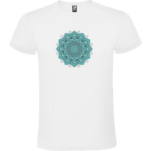 Wit T-shirt met Grote Mandala in Blauw/Groene kleuren size L