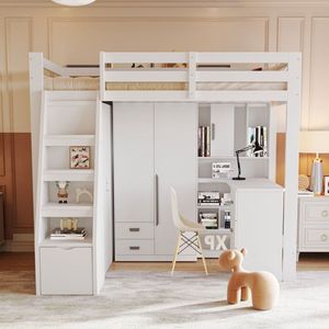 PugsdrlyStapelbed 90*200 cm, met opbergruimte, veiligheidsladder, met opbergruimte, kast, eenpersoonsbed, bed voor tieners, kinderbed, frame van massief hout, wit