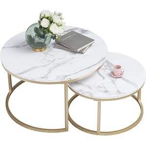 Ronde salontafel set van 2 - Moderne koffietafel met wit marmer en goud metalen frame