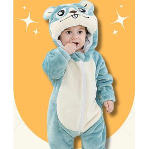 BoefieBoef Eekhoorn Blauw Dieren Onesie & Pyjama voor Baby & Dreumes en Peuter tm 18 maanden - Kinder Verkleedkleding - Dieren Kostuum Pak - Turquoise Wit