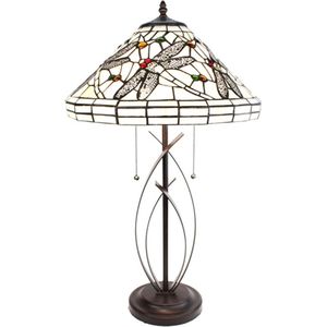 Tiffany Tafellamp Ø 41x69 cm Beige Zwart Glas Metaal Rond Libelle Tiffany Bureaulamp Tiffany Lampen Glas in Lood