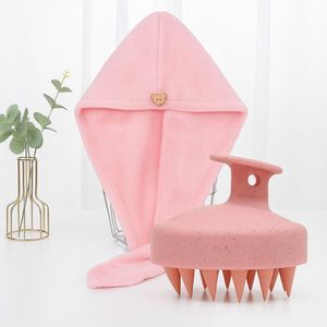 Siliconen Hoofdmassageborstel & Sneldrogende Haarhanddoek – Roze Verwen Set voor Vrouwen