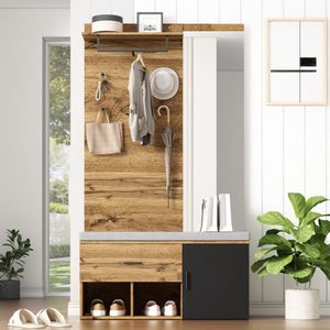 190 cm hoge garderobeset in houtlook met spiegel, schoenenbank (104 x 39 cm) met kussen, schoenenkast, lade, plank, jashaken - Praktisch ontwerp voor de entree