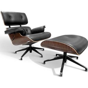 OHNO Furniture San Fransisco Lounge Stoel met Voetenbank - Armleunstoel, Imitatieleer, Hout, Zwart, Rose