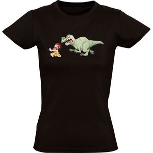 Dinosaurus rent achter holbewoner aan Dames T-shirt - dino - t-rex - geschiedenis - planeet - oermens - grappig