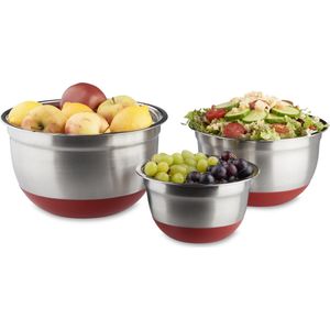 Relaxdays Schalenset 3-delig - antislip - saladekom - mengkom - rvs - keukengerei - rood