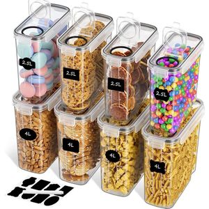 Voorraaddozen luchtdicht set van 8, 2,5 l/4 l, opbergdoos keuken met deksel van plastic, voorraaddoos keuken organizer cereal container, voor het opbergen van meel, muesli, pasta