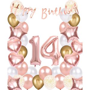 Snoes Ballonnen 14 Jaar Rose Gold White Dots - Compleet Feestpakket met cijfer ballon 14 Jaar - Verjaardag Versiering Slinger Happy Birthday – Folieballon – Latex Ballonnen - Helium Ballonnen - Rose Feestpakket