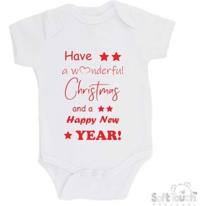 100% katoenen Romper ""Have a wonderful Christmas and a happy New year!"" Kerst Kerstmis Nieuwjaar Unisex Katoen Wit/rood Maat 56/62