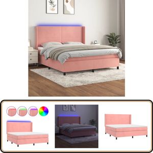 vidaXL Boxspring - Fluweel Roze - 180x200 cm - LED Boxspring - Fluweel Bed - Rozerood Bed - Verstelbare Hoofdbord - Led Verlichting