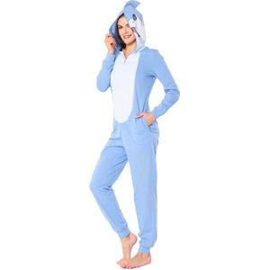 Ladeheid Dames Overal slapen Pyjama - met Capuchon - Lange mouwen - Lange broek - Katoen - LA-LA40-234-PJ - Blauwe Haai - XS