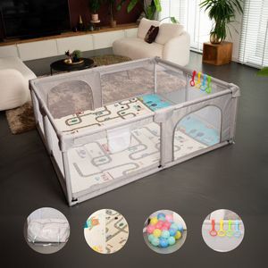 EWAC Grondbox – Top kwaliteit - Stevig - Eenvoudig - Twee formaten - 180x150cm - 127x127cm - Inclusief Dubbelzijdige Speelmat – Baby Speelbox met 50x Speelballen - Kinderbox - Babybox - Box voor baby's - Kruipbox - Baby box - Playpen - Grijs