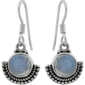 Zilveren oorbellen met hanger dames | Zilveren oorhangers, ronde maansteen met bewerkte onderrand