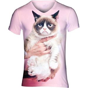 Grumpycat roze Festival shirt - Maat: S - V-hals - Feestkleding - Festival Outfit - Fout Feest - T-shirt voor festivals - Rave party kleding - Rave outfit - Kattenshirt - Nineties