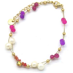 Armband Dames - Kralen en Parels - RVS - Verstelbaar 16-21 cm - Paars