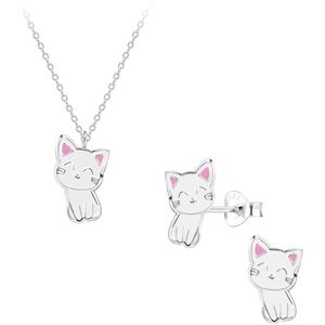Zilveren wit katje kinderoorbellen en ketting | cadeau set meisje | oorknopjes Meisje Zilver | kinderketting wit kat | kindersetje oorstekers ketting | Zilverana | Sterling 925 Silver