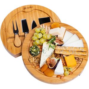 Käseplank met kaasmes set - 25cm ronde serveerplank van hout voor kaas en hapjes - Kaasplank Charcuterieplank - Draaibaar serveerbord van hout - Draaibare kaasplank - Cadeau-idee