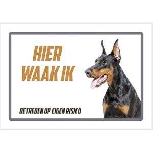 Waakbord/ bord | ""Hier waak ik"" | 30 x 20 cm | Dobermann | Gevaarlijke hond | Waakhond | Hond | Doberman | Betreden op eigen risico | Polystyreen | Rechthoek | Witte achtergrond | Dikte: 1 mm | 1 stuk