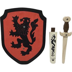 Houten Dolk met schede en ridderschild rood zwarte leeuw schild zwaard ridder kinderzwaard