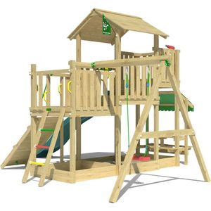 Jungle Gym speeltoestel van douglas hout - Jungle Habitat met rode glijbaan - Tuin speeltoestel voor buiten met zandbak, schommel en klimhelling