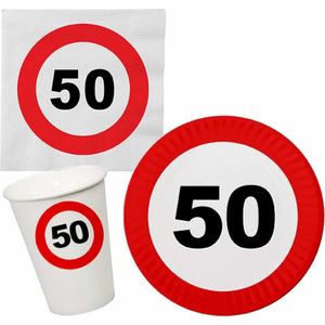 Verjaardag feestartikelen tafel dekken set 50 jaar verkeersbord/stopbord thema - 16x bordjes - 16x bekertjes - 16x servetten