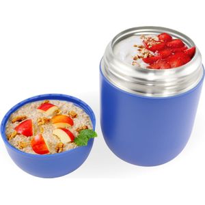Thermos container blauw - mokken - voedselcontainer voor eten en drinken - compacte thermosbeker - lunchbox - roestvrij - ook voor soep, koffie en meer! - RVS thermoskan - lepel inbegrepen - overal meenemen voor warm eten - eten warmhouden