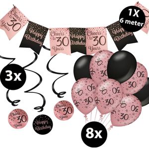 Verjaardag Versiering Pakket 30 jaar Roze en Zwart - Ballonnen Zwart & Roze (8 stuks) - Vlaggenlijn Rosé en Zwart 6 meter (1 stuks) - Vlaggenlijn gekleurd 30 jarige - Vlaggetjes Slinger Verjaardag 30 Birthday - Birthday Party Decoratie (30 Jaar)