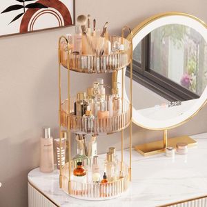 Roterende make-up organizer - 3 lagen - Beauty organizer met borstelhouder - Gouden draaiende huidverzorgingsorganizer - Parfum cosmetische organizer - Make-uptafel slaapkamer badkamer