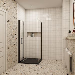 100x80x195cm douchecabine met inklapbare vouwdeur en vaste zijwand, 6mm helder EasyClean veiligheidsglas met matte folie middelban,mat zwarte aluminium frame.