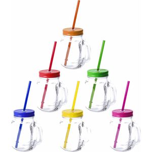 12x stuks Glazen Mason Jar drinkbekers met dop en rietje 500 ml - 6x kleuren, 2x stuks per kleur