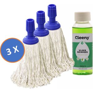 3 x Professionele Dweilmop / Mini Mop / Spaanse Mop 250 gram Katoen Met Standaard Steelverbinding & Gratis Cleeny Vloerreiniger