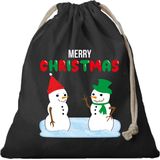 1x Kerst Sneeuwpoppen cadeauzakje zwart met sluitkoord - katoenen / jute zak - Kerst cadeauverpakking zakjes