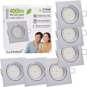 Lumare 6x LED inbouwspots 4w 400 lumen IP44 slechts 27mm extra vlakke inbouwdiepte LED - Zilver mat vierkant set van 6 traditioneel kunststof