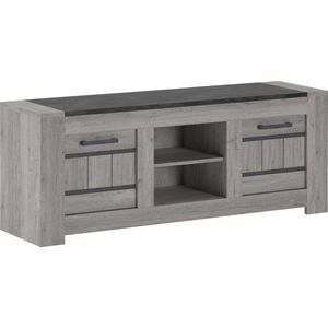 Tollebeek TV Meubel - TV Kast - Grijze houtlook - Donkergrijs marmer look bovenblad - 2 deuren en open vak met legplank - 155cm breed