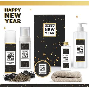 Geschenkset ""Happy New Year"" - 6 Producten - 820 Gram | Luxe cadeauset voor hem - Cadeau Man - Wellness set - Giftset gelukkig nieuwjaar for him - Nieuw Jaar - 2024 - Eindejaar geschenk - Fijne Jaarwisseling - Oud & Nieuw - Papa - Vader - Vriend