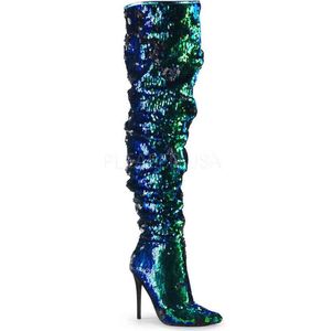 COURTLY-3011 - (EU 44 = US 13) - 5 Ruched Sequined Thigh High Boot, 1/3 Side Zip