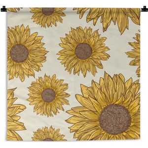 Wandkleed Zonnebloemen Illustraties - Geïllustreerd patroon van zonnebloemen Wandkleed katoen 150x150 cm - Wandtapijt met foto