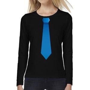 Stropdas blauw long sleeve t-shirt zwart voor dames- zwart shirt met lange mouwen en stropdas bedrukking voor dames XL