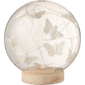 J-Line Stolp Vlinders decoratie - glas & hout - naturel - large - LED lichtjes - woonaccessoires