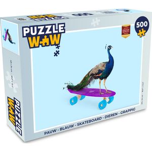 Puzzel Pauw - Blauw - Skateboard - Dieren - Grappig - Legpuzzel - Puzzel 500 stukjes