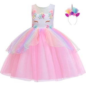 Joya Beauty® Eenhoorn jurk | Unicorn Verkleedjurk | Regenboog Prinsessenjurk | Maat 104-110 (110) + Unicorn Haarband | Cadeau meisje