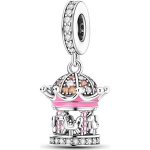Fler® | Bedel | Past op populaire bedelarmbanden (standaard - 3mm) | Carrousel Kermis Bedel | Hangbedel Charm | 925 sterling zilver | Transparante & Oranje Zirkonia | Roze Emaille | Armband Kraal | Valentijnsdag Cadeau | Sinterklaas kado | Kerst