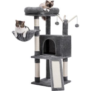 Kattenboom, meertraps kattentoren voor huiskatten, kattenklimboom-condo met sisal beklede krabpalen, diepe hangmat en interactief kattenspeelgoed, grijs 105 cm