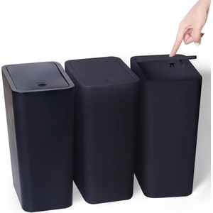 Kleine vuilnisemmer met deksel, 3 stuks, 10 liter, vuilnisemmer met drukdeksel, kleine vuilnisemmer/afvalmand voor badkamer, keuken, kantoor, slaapkamer (zwart)
